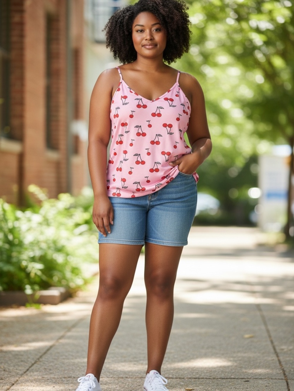 Pink Cherry Print V-Neck Cami Tank Top